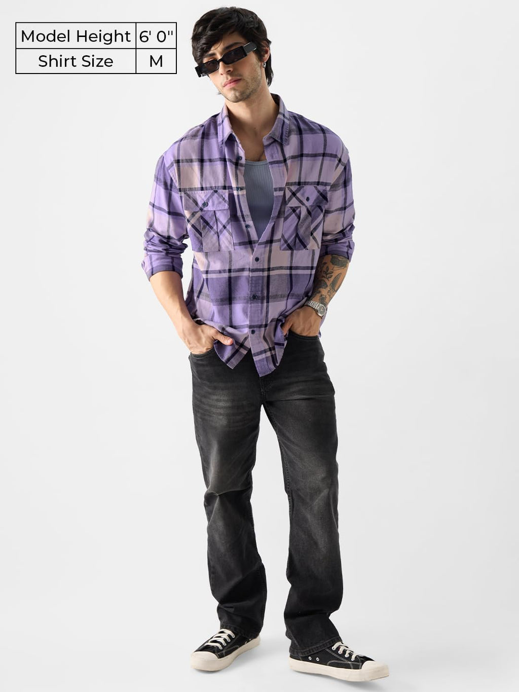 The Souled Store Plaid: Purple and Black Men and Boys Long Sleeves Collared Neck Button Front Purple Regular Fit Officewear Easy