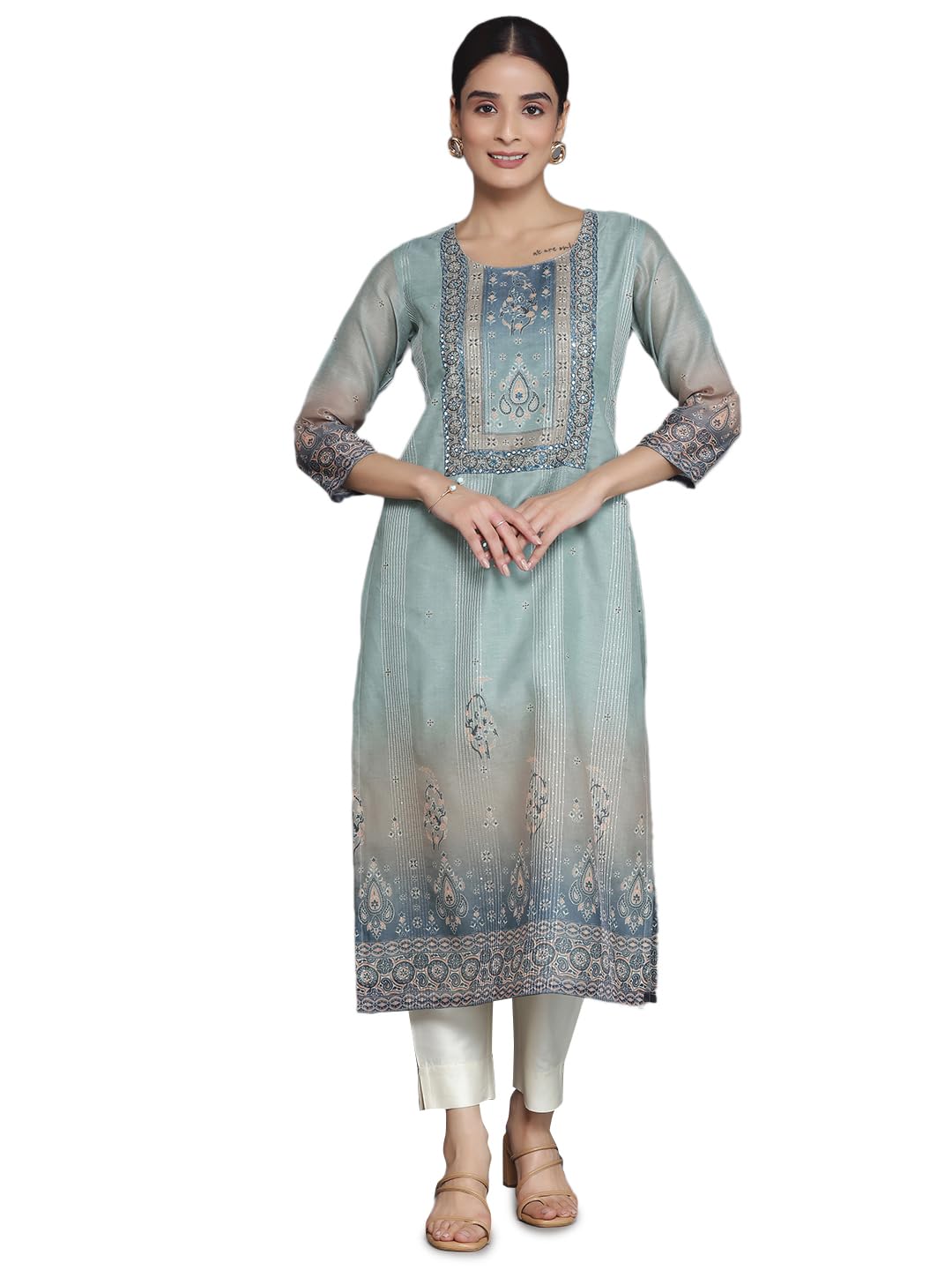 Libas Women'S Chanderi Silk Embellished Straight Kurta (37048_Grey