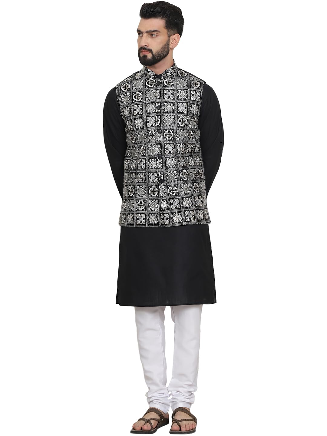SOJANYA (Since 1958 Mens Cotton Solid Black Kurta and White Pyjama with Embroidered Black Nehru Jacket
