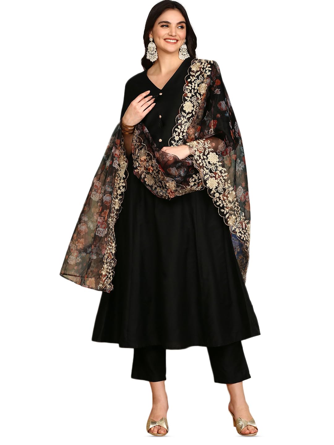 Ishin V-Neck Three-Quarter Sleeves Kurta With Trousers & With Printed Dupatta | Kurta Set For Women | Kurta With Trousers And Du