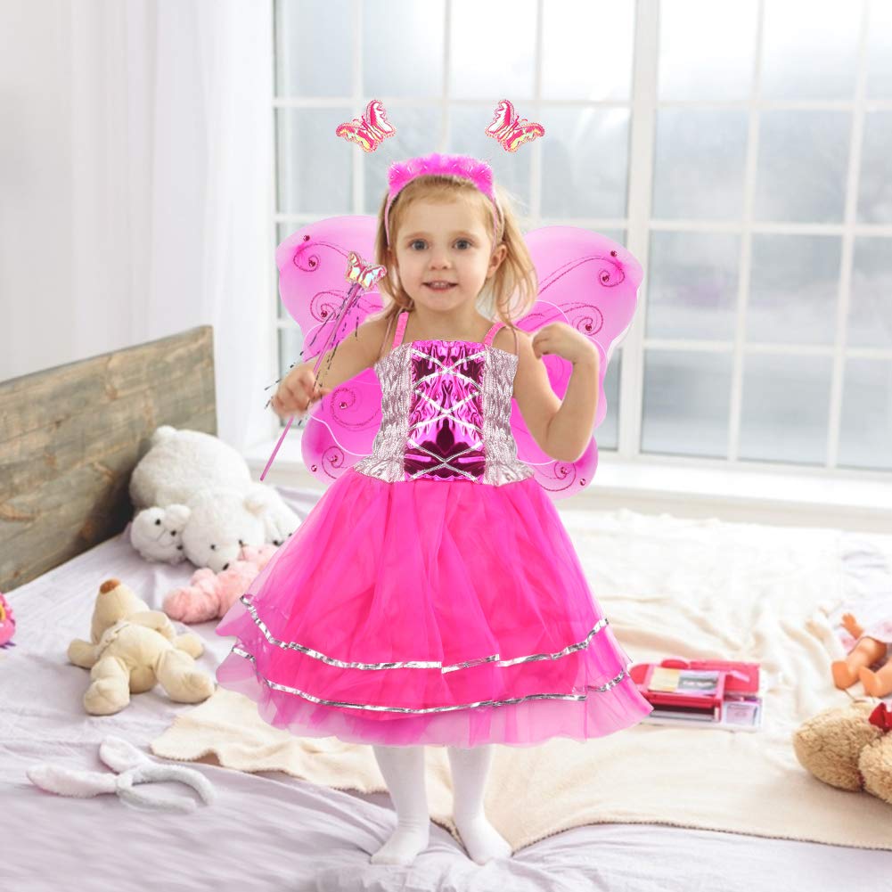 VOWOV Halloween Girls Dress Up Princess Fairy Costume Set with Dress, Wings, Wand and Headband for Children Ages 3-10