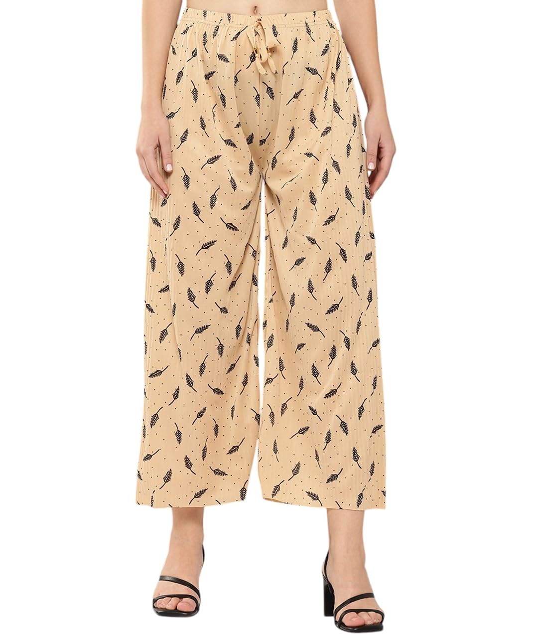 Aarika Girls Casual Beige Colour Leaf Print Nylon Palazzo-(12-15 Years)-(PL-KG-10-BEIGE-L)