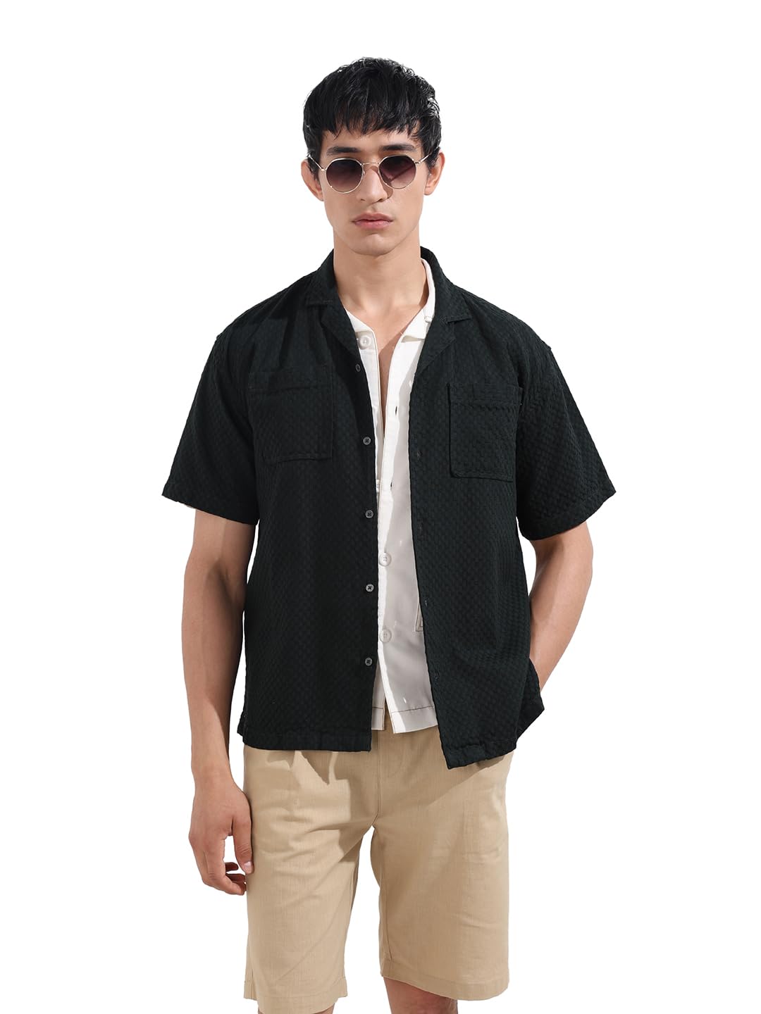The Indian Garage Co Mens Relaxed Fit Geometric Print Cuban Collar Half Sleeves Resort Sweater