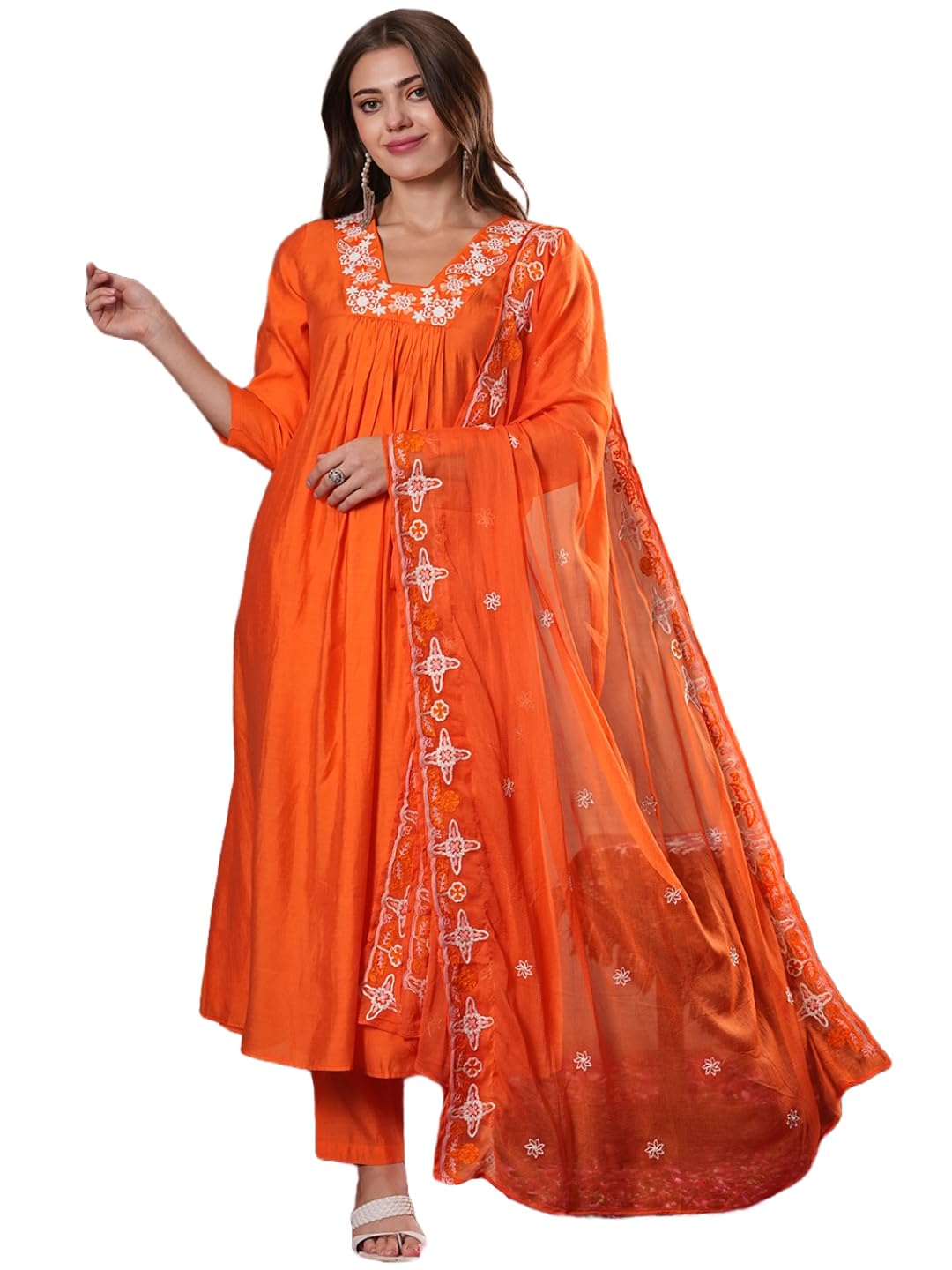 ANNI DESIGNER Womens Rayon Blend Anarkali Thread Work Kurta with Pant & Dupatta (ASHVTHAMA ORANGE-VKS07_4XL_Orange_XXXX-Large)