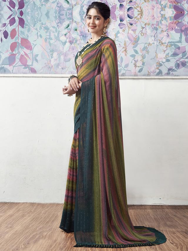 Satrani Womens Georgette Glitter Zari Stripe Printed Saree with Unstitched Blouse Piece