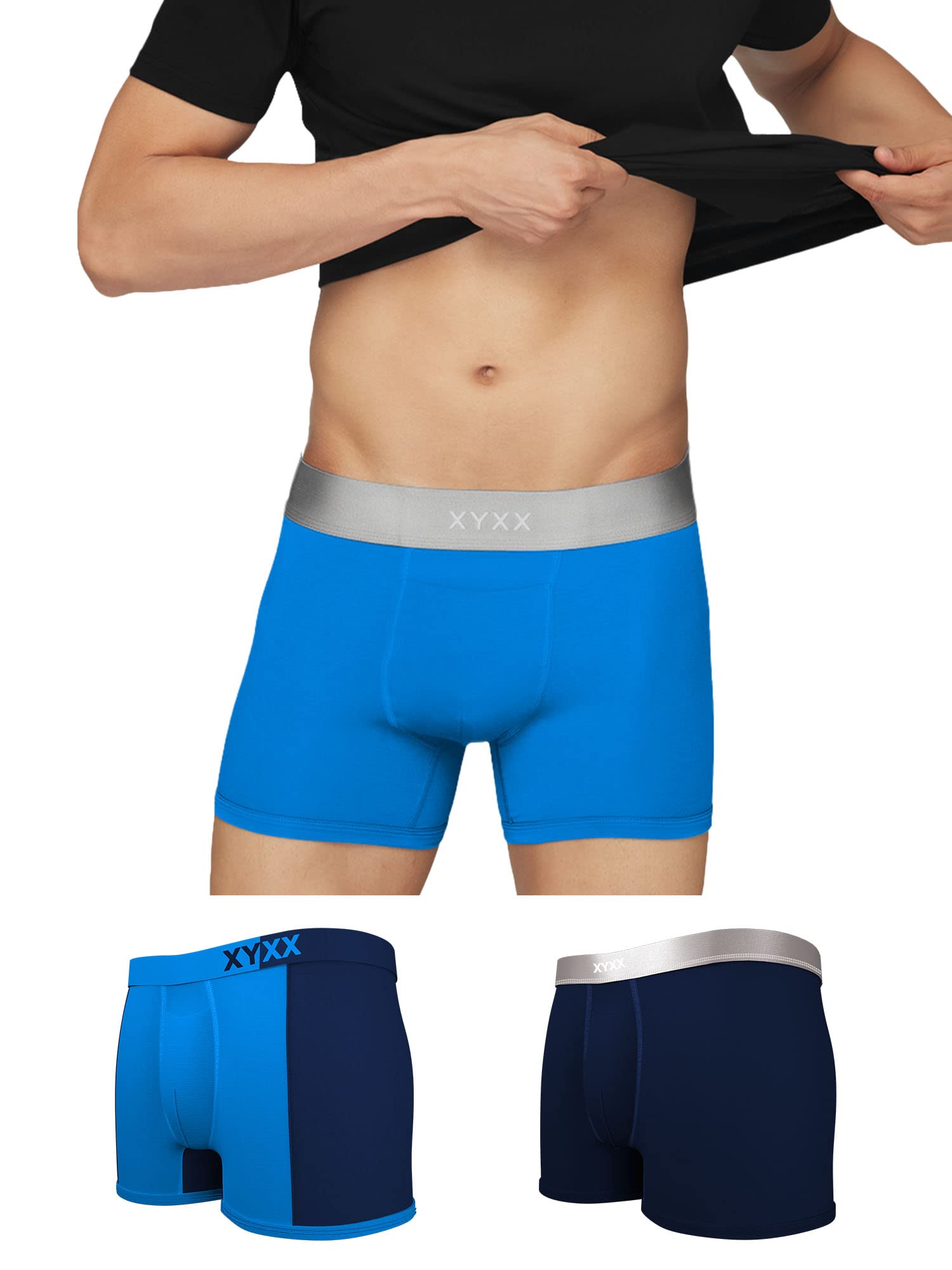 XYXX Mens Underwear Dualist IntelliSoft Antimicrobial Micro Modal Trunk Pack of 3 (Brilliant Blue ; Black Iris ; Brilliant Blue