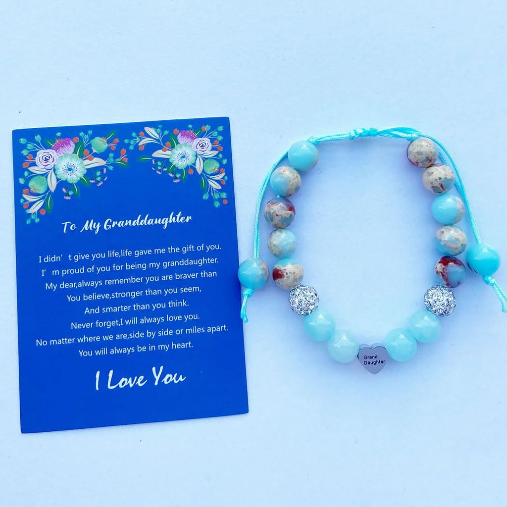 DOLON Blue Natural Stone Stainless Steel Heart Granddaugther Charm Bracelet Adjustable Jewelry Back to School Birthday Christmas