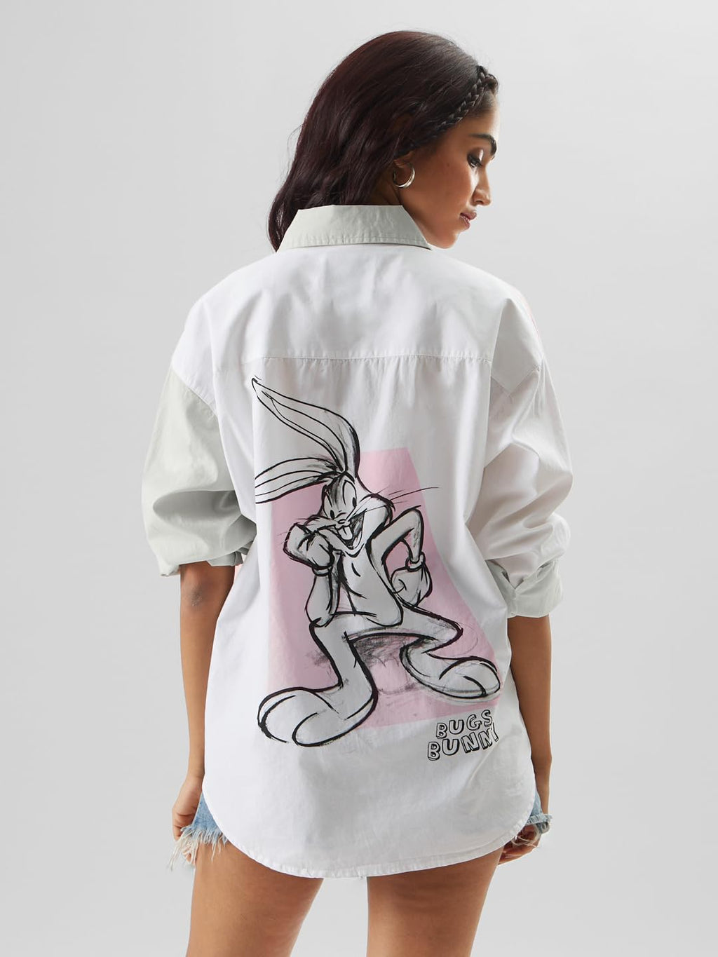 The Souled Store Official Looney Tunes: Bugs is Back Women and Girls Oversize Fit Full Sleeve Cotton Multicolor Boyfriend Shirt