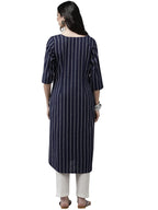 Ishin Women'S Cotton Pathani Embellished Beads And Stones Striped Print Navy Blue Kurti