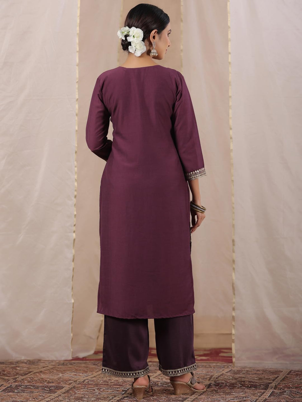 Ishin WomenS Purple Zari Work Ethnic Motifs Poly Silk Straight Kurta