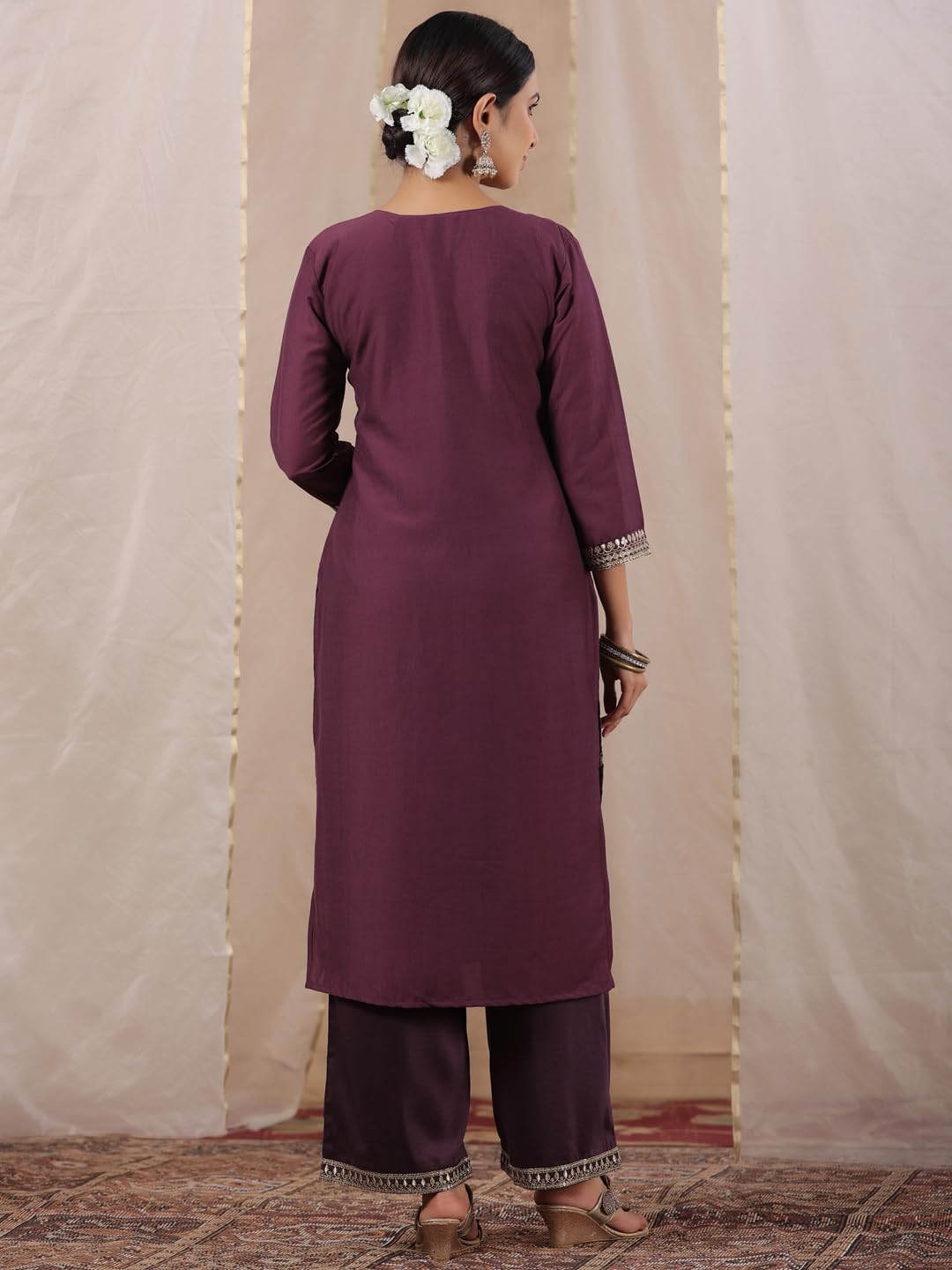 Ishin WomenS Purple Zari Work Ethnic Motifs Poly Silk Straight Kurta