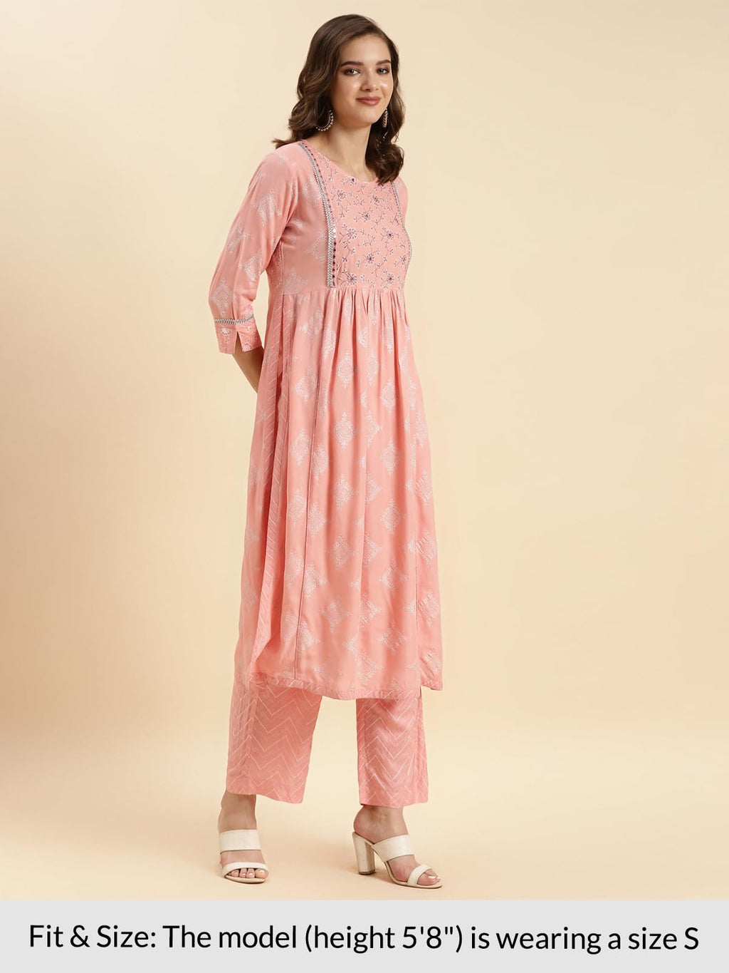 Rangita Peach Rayon Embroidered Flared Kurta With Pant | Kurta Set For Women