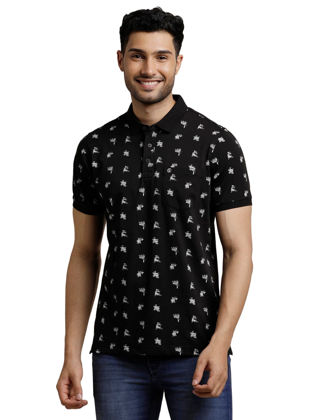 Turtle Men Cotton Stretch Printed Black Polo Tshirt