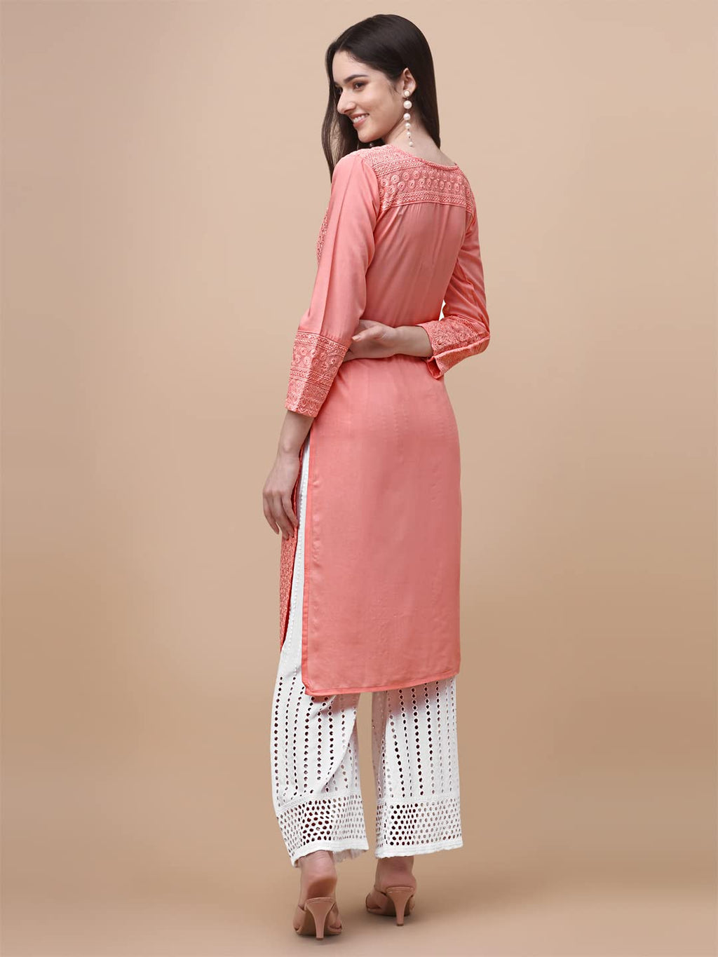 Gufrina WomenS Viscose Rayon Kurta & Palazzo Set With Notch Neck Chikankari Embroidery Work 3/4Th Sleeves Regular Fit And Calf