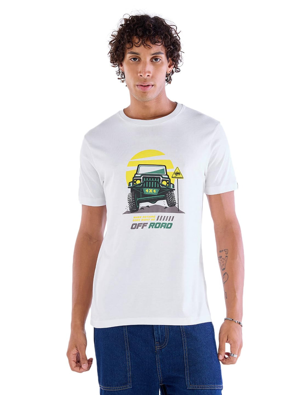 Bewakoof Mens 4x4 Off Road Graphic White Round Neck Half Sleeve T-Shirt