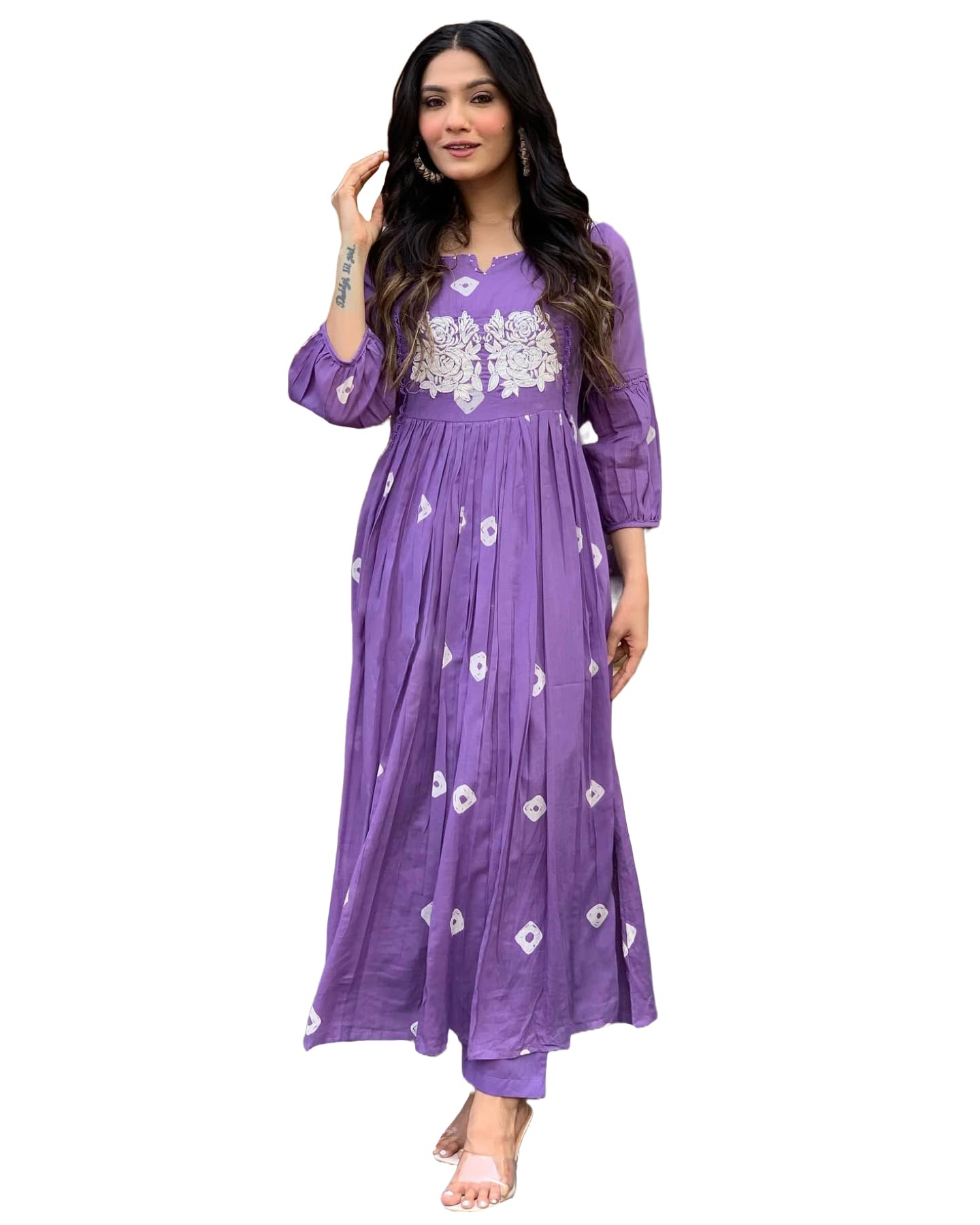 ANNI DESIGNER Women s Anarkali Printed Rayon Blend Kurta with Pants, purple, S