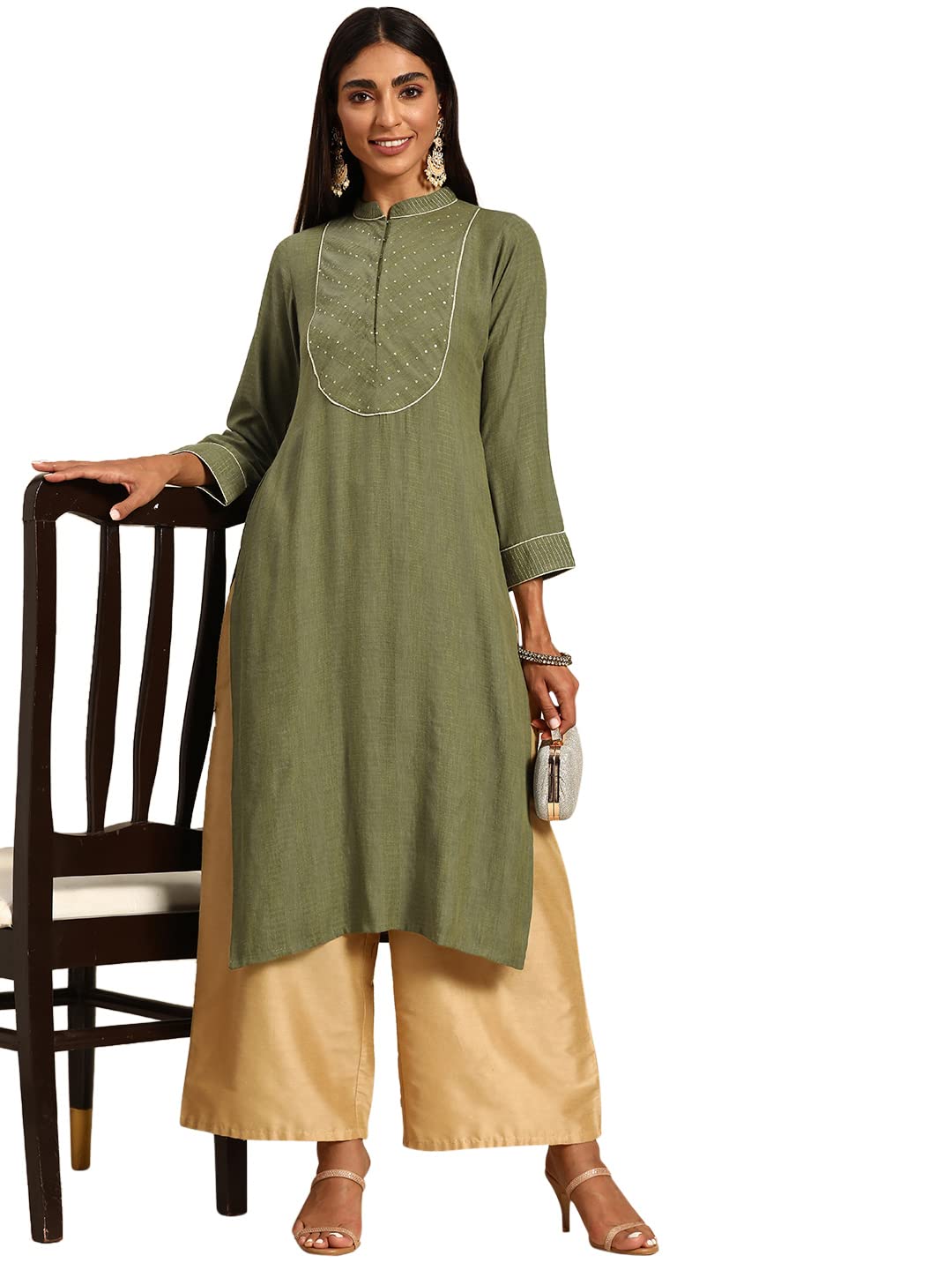Gerua Green Yoke Design Viscose Rayon Straight Kurta (G2566)