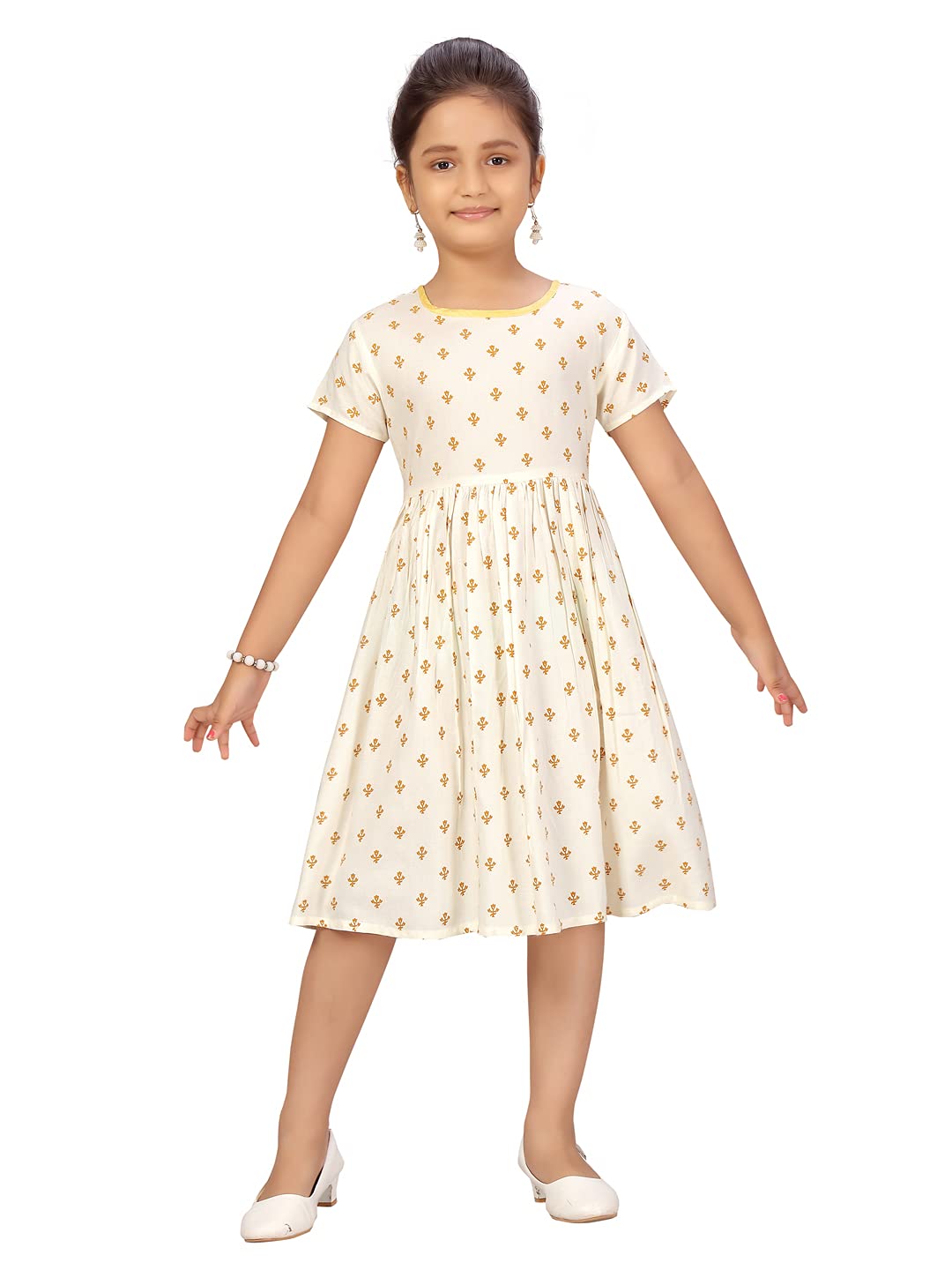 Aarika Girls Cotton Blend Skater Knee-Length Dress (FK-K-430_White_28)