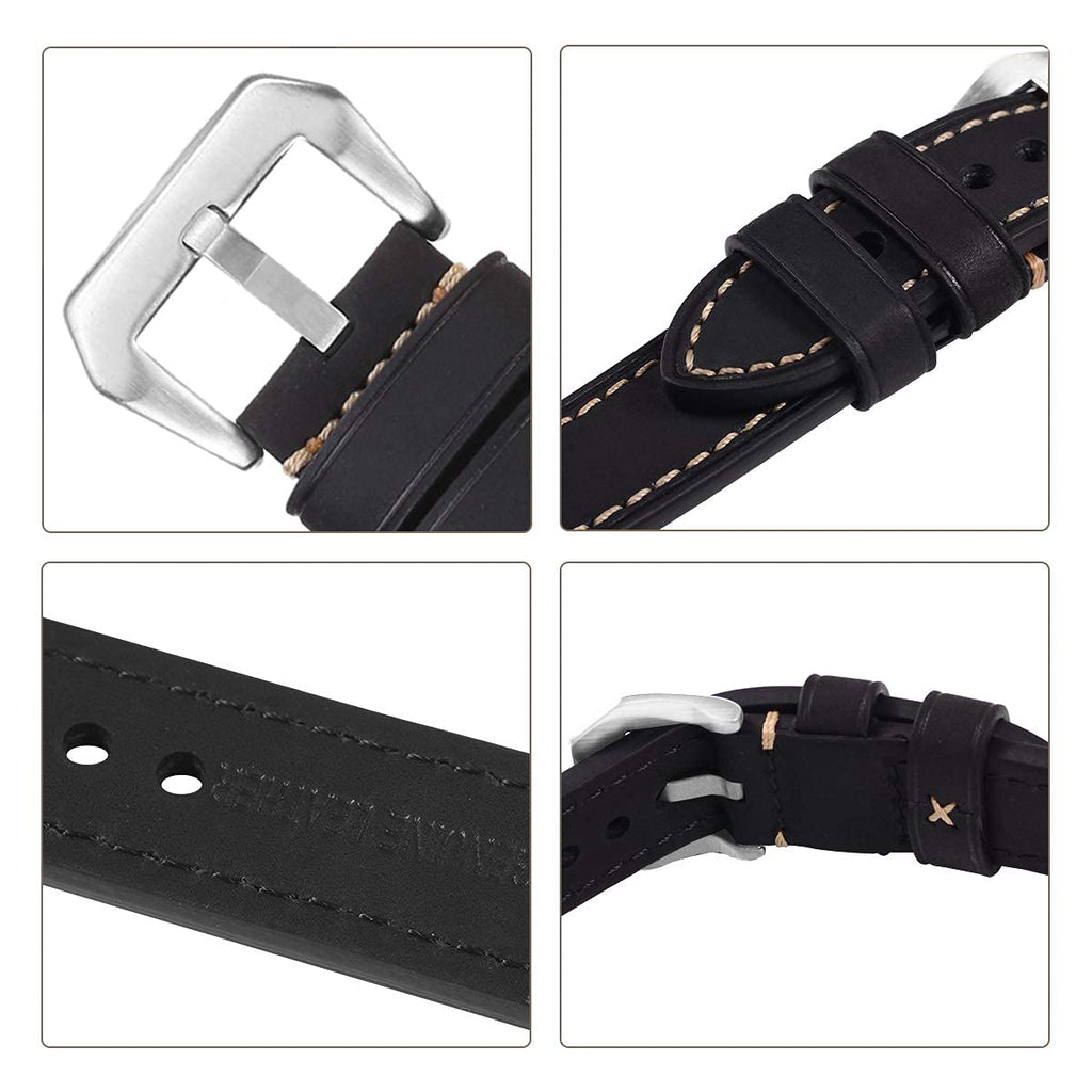 EACHE Black Leather Watch Band, Crazy Horse Genuine Leather Watchbands 22mm Watch Bands,Silver Hardware