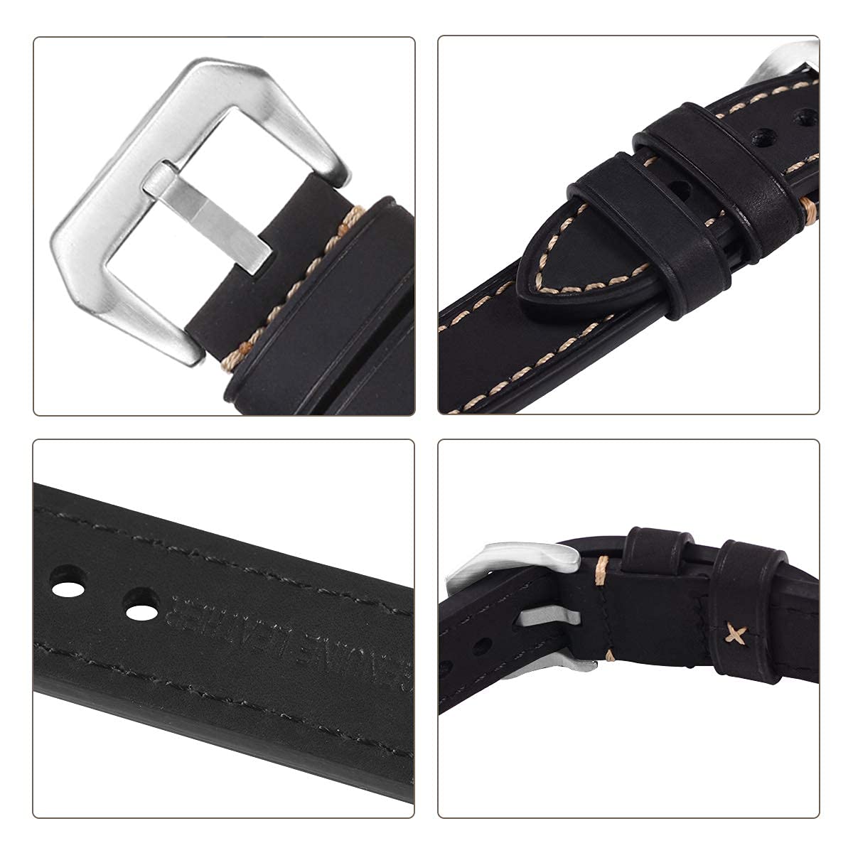 EACHE Black Leather Watch Band, Crazy Horse Genuine Leather Watchbands 22mm Watch Bands,Silver Hardware