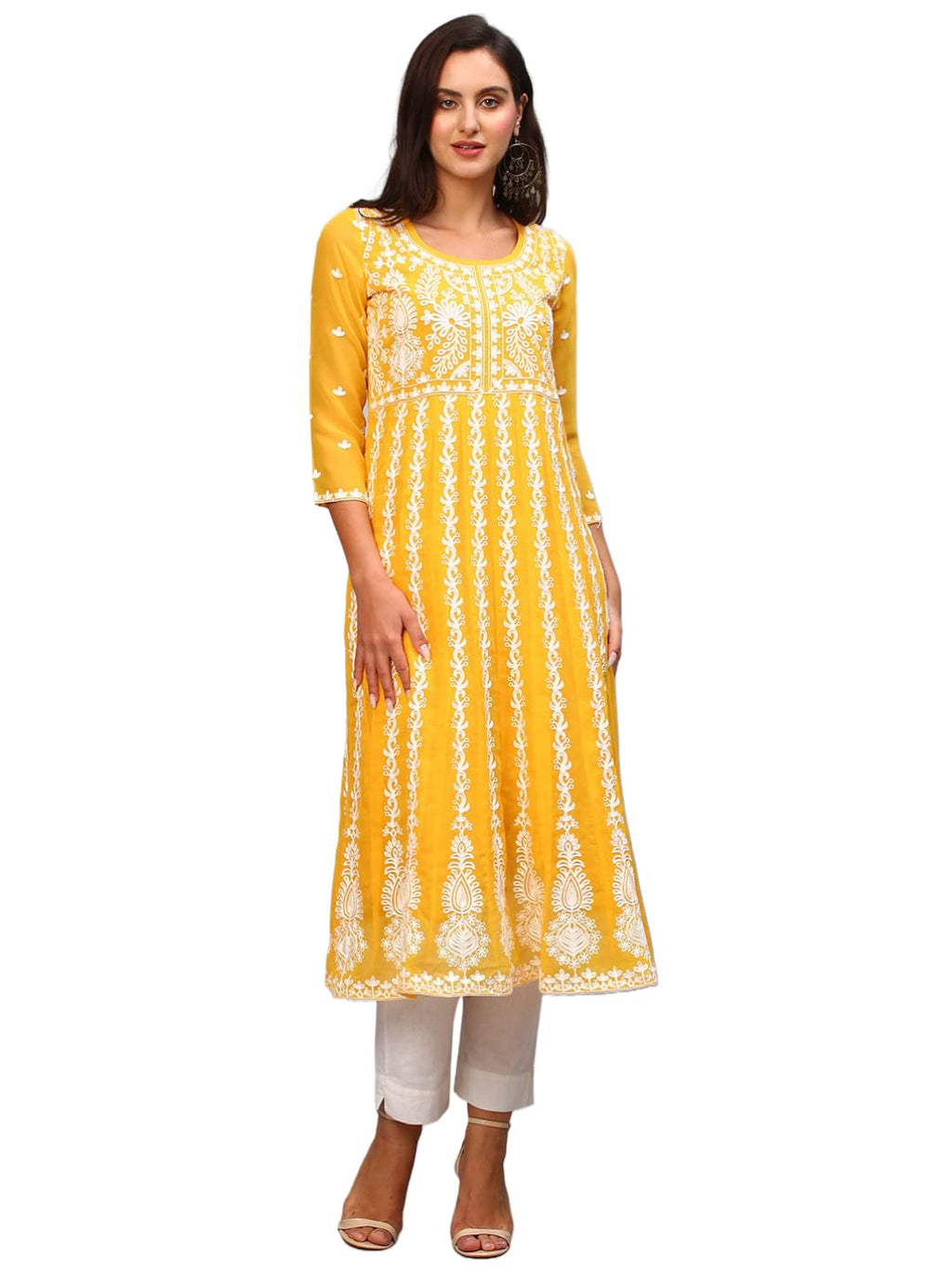 ANNI DESIGNER Womens Georgette Chikankari Embroidered Anarkali Kurti (Naav Yellow_S_Yellow_Small)