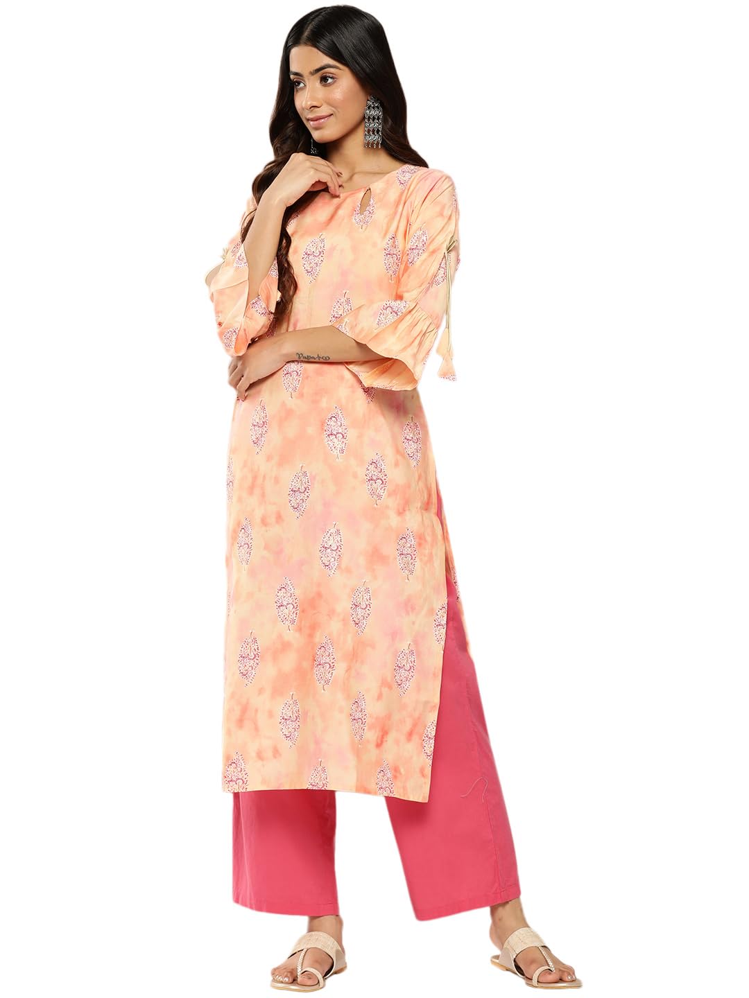 Gerua by Libas Printed Silk Straight Kurta Peach