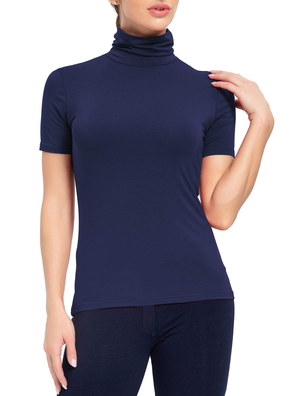 AUHEGN Women's Mock Turtleneck Top Short Sleeve Lightweight Active T-Shirt (S-XXL) (Medium, Navy Blue)