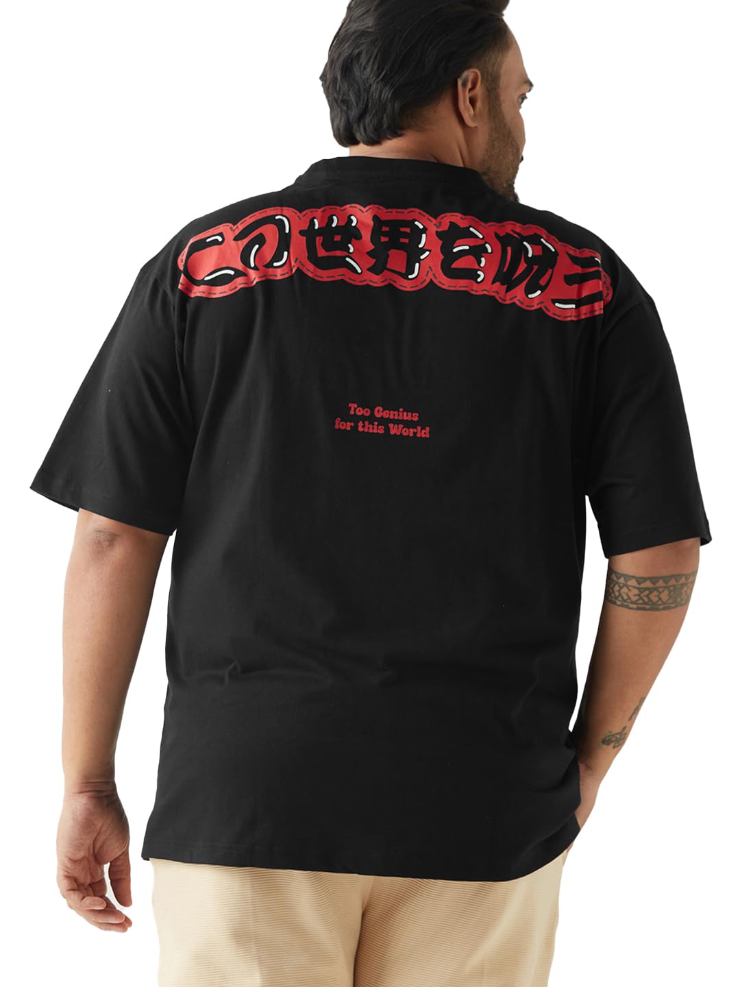 Bewakoof Mens Typography Print Oversized Fit Half Sleeve Round Neck Cotton Jersey Plus Size T-Shirt_637376_Black_6XL