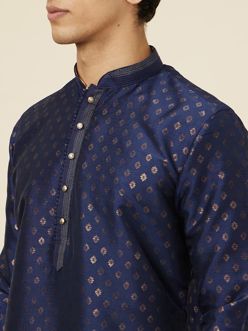 Manyavar Mens Navy Blue Shankh Patterned Kurta Set
