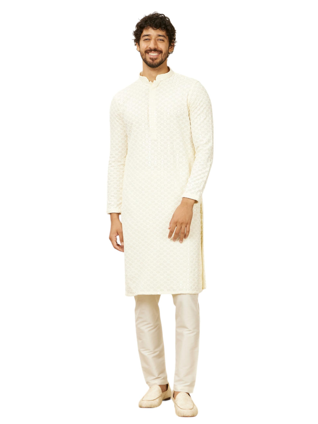 Manyavar MenS Viscose Chikankari Sequin Embellished Kurta Set (Cream,Xl)