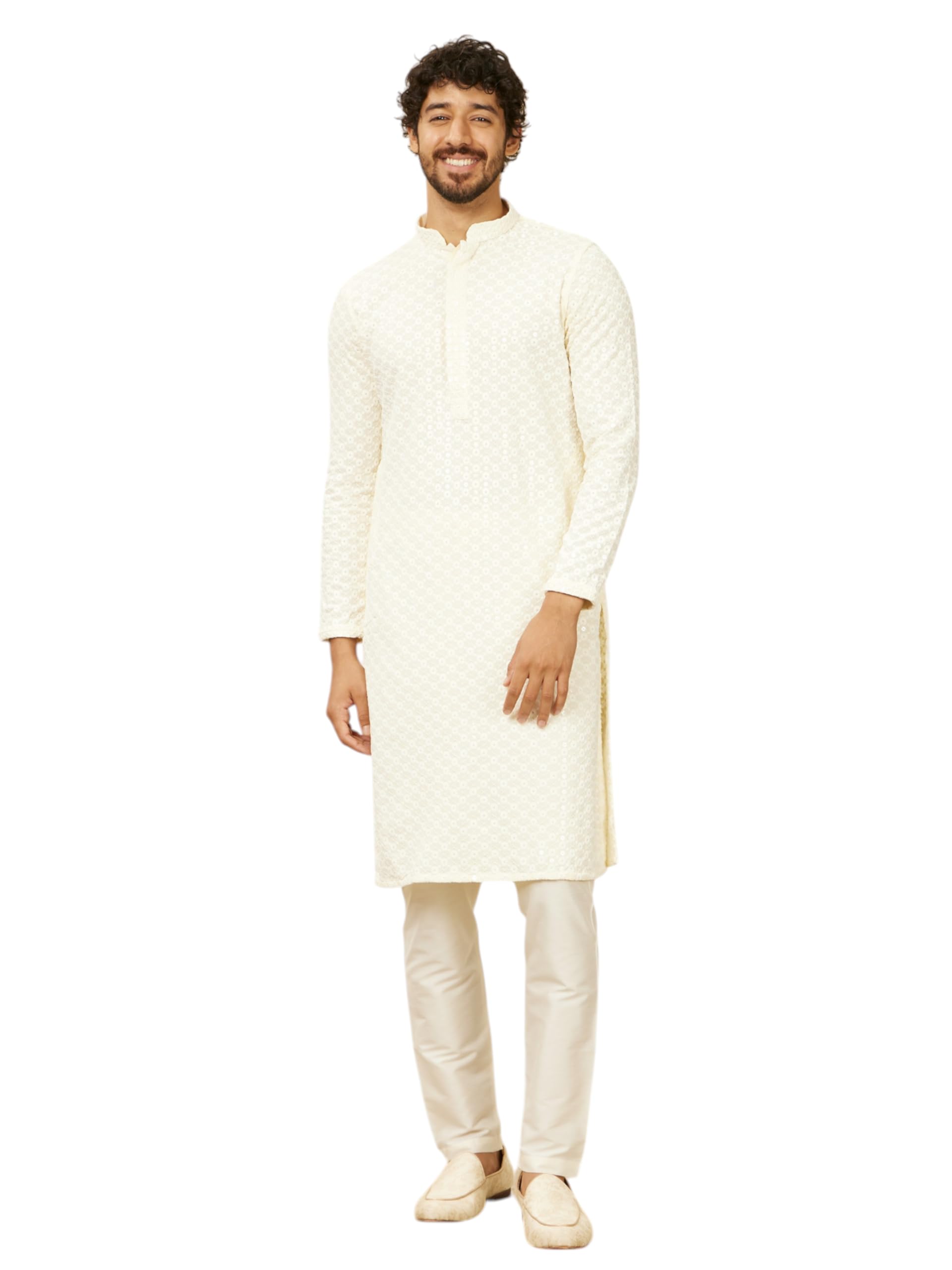 Manyavar MenS Viscose Chikankari Sequin Embellished Kurta Set (Cream,Xl)