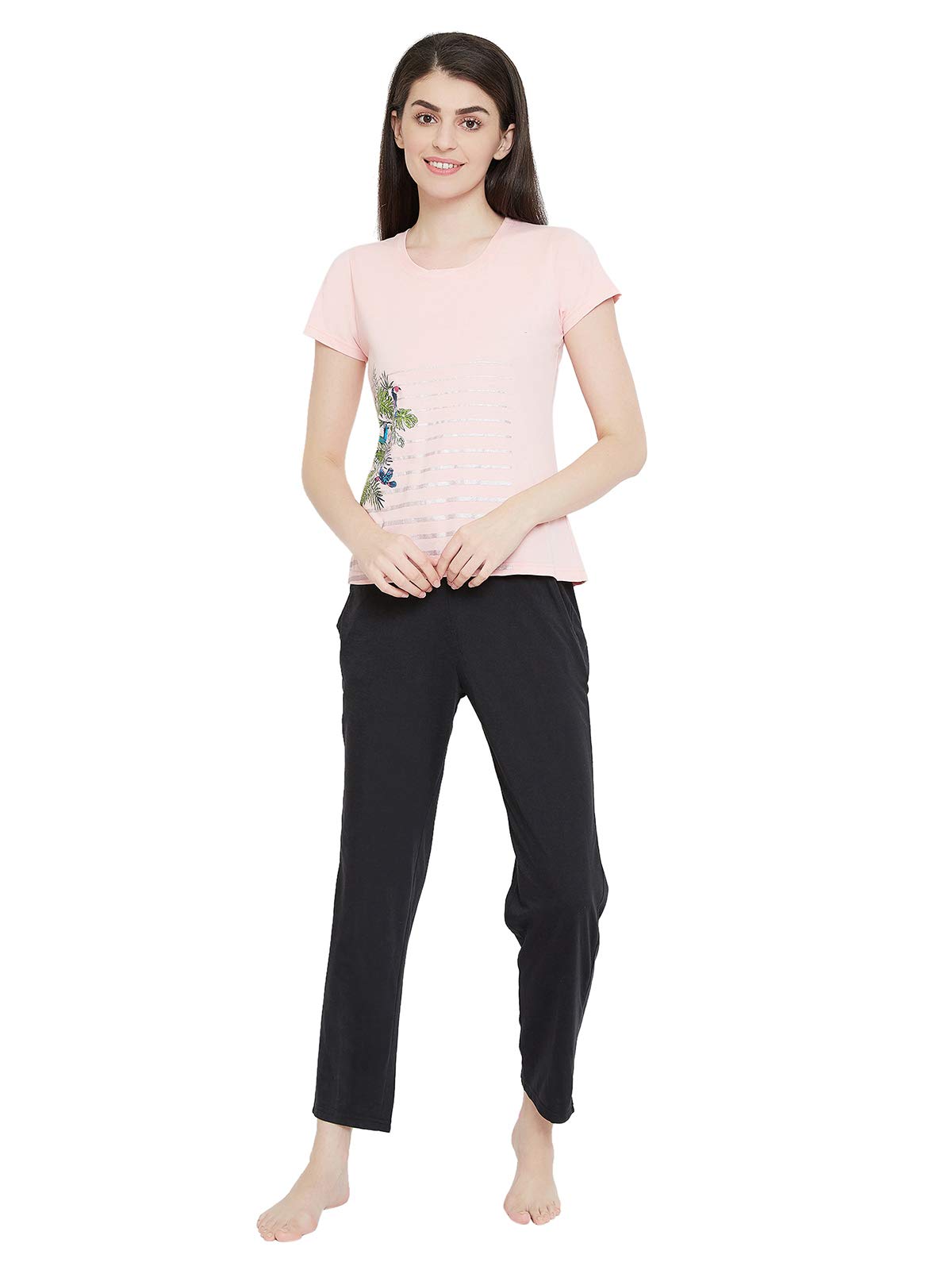 Clovia Womens Cotton Rich Floral Printed T-Shirt & Pyjama (COMLS0141_Black,Pink_M)