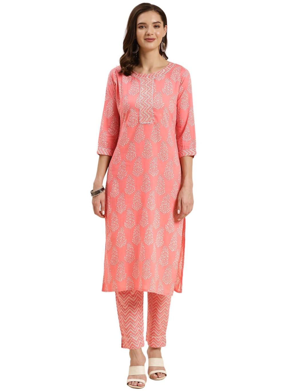 Rangita Peach Cotton Printed Straight Kurta With Pant | Kurta Set For Women_M