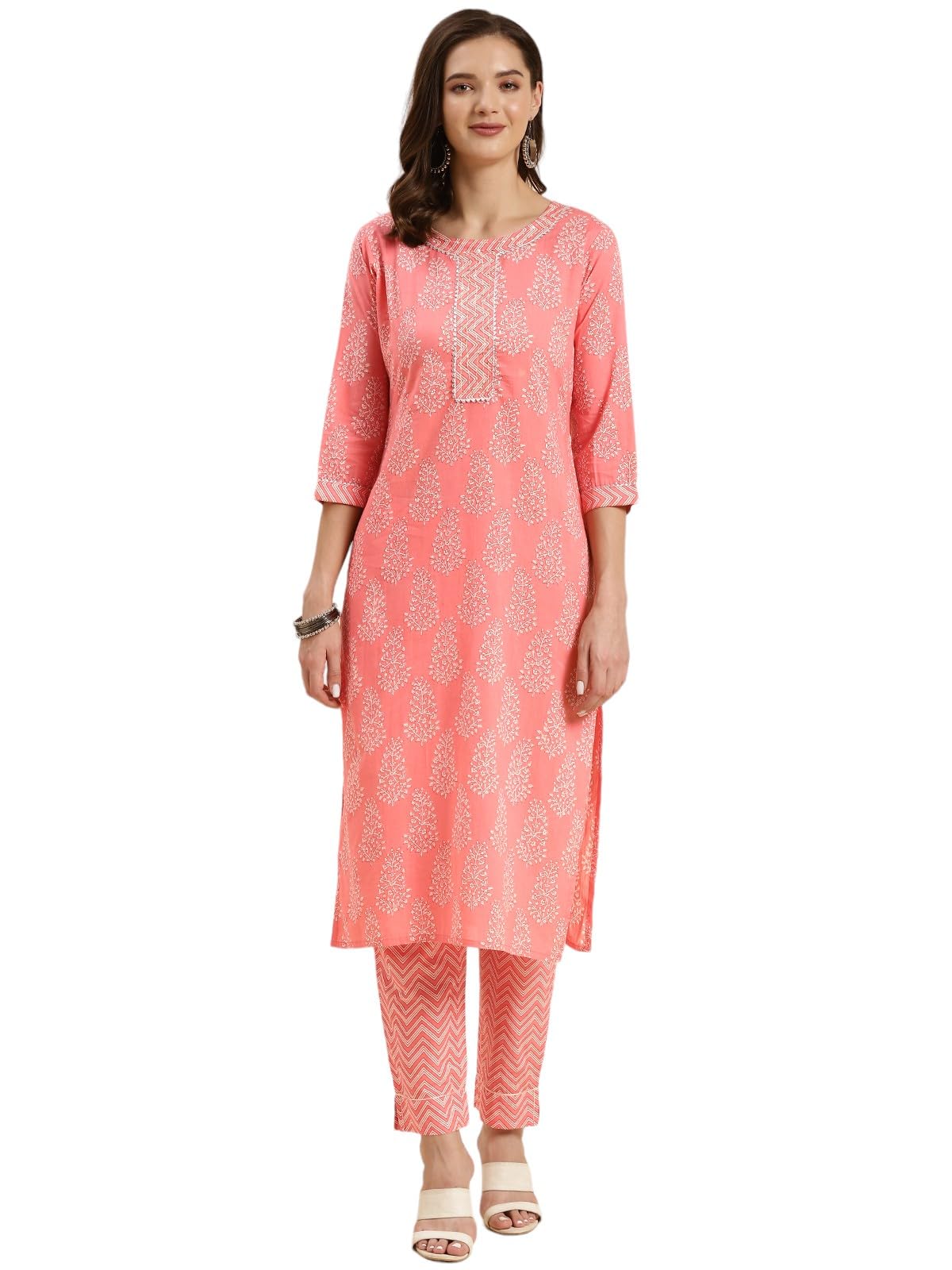 Rangita Peach Cotton Printed Straight Kurta With Pant | Kurta Set For Women_M