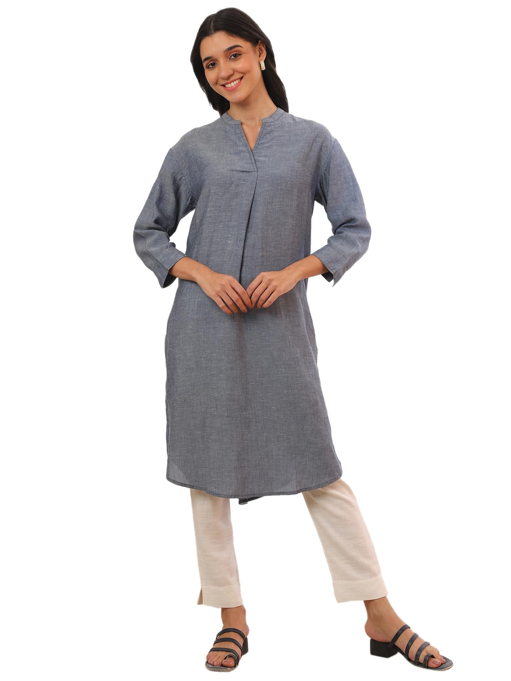 Aurelia Women'S Blue Yarn Dyed Denim Straight Kurta (Size: L)-A15507-705560