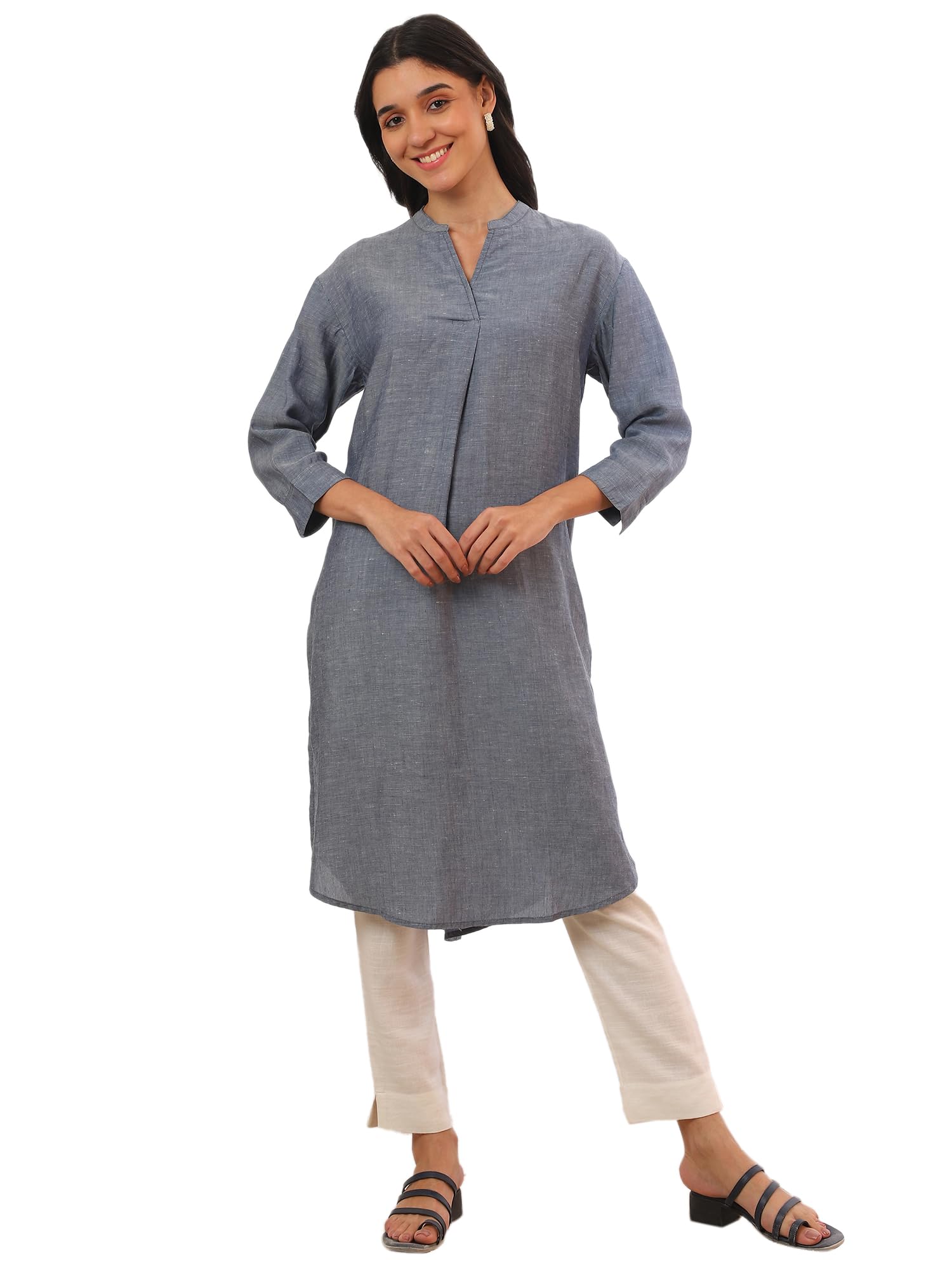 Aurelia Women'S Blue Yarn Dyed Denim Straight Kurta (Size: L)-A15507-705560
