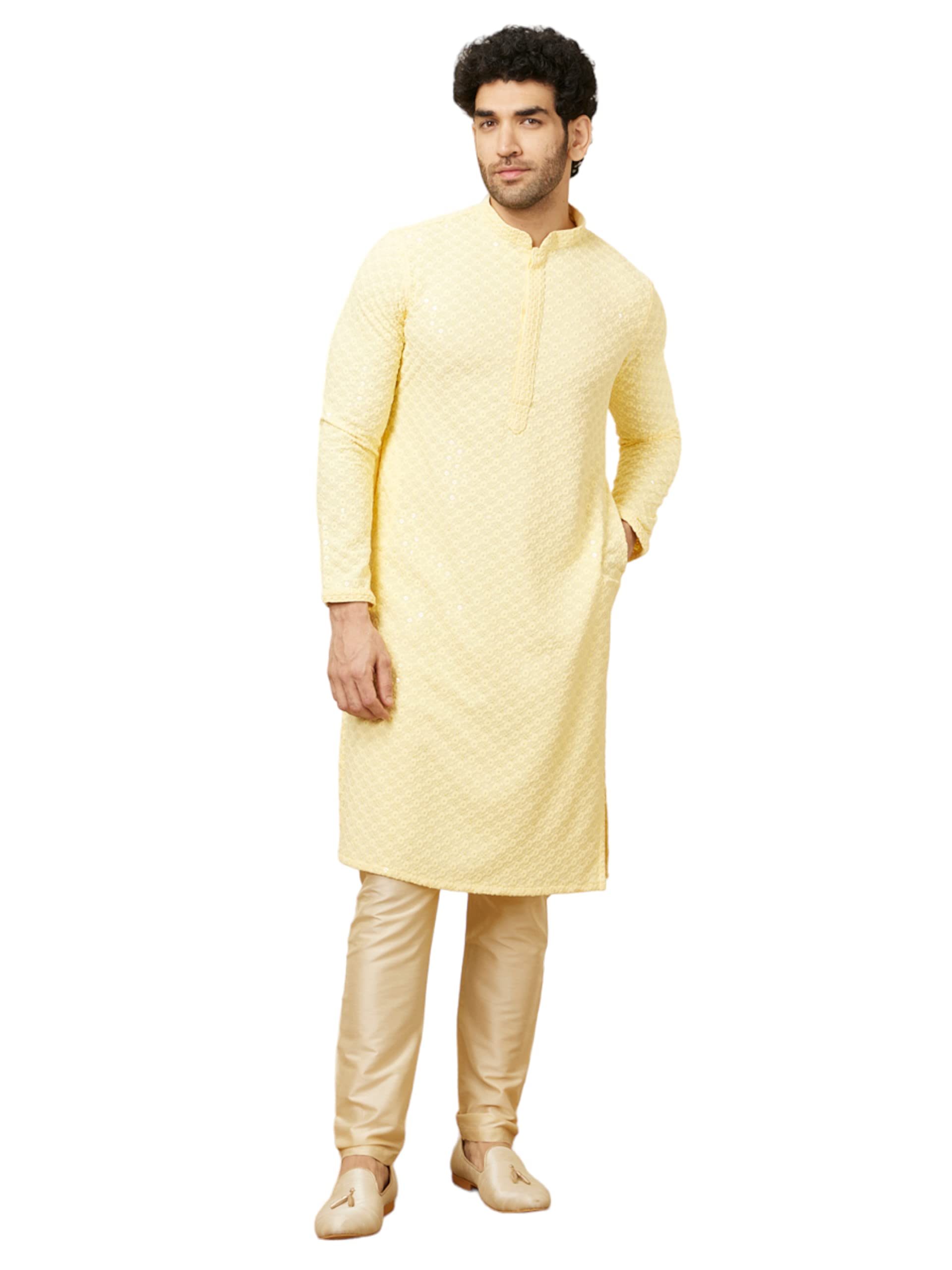 Manyavar Mens Viscose Embroidered Casual, Traditional Full Sleeves Kurta Payjama Set (Yellow, S)