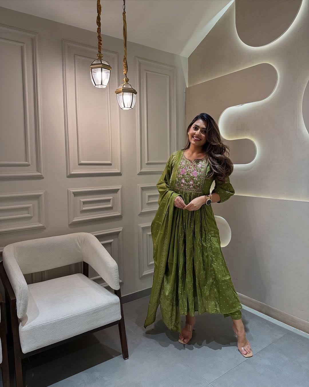 ANNI DESIGNER Womens Rayon Blend Embroidered Anarkali Kurta with Pant & Dupatta (Kanota Green_M_Green_Medium)