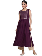 Ishin Women'S Viscose Rayon Embellished Purple Mirror Work A-Line Kurta