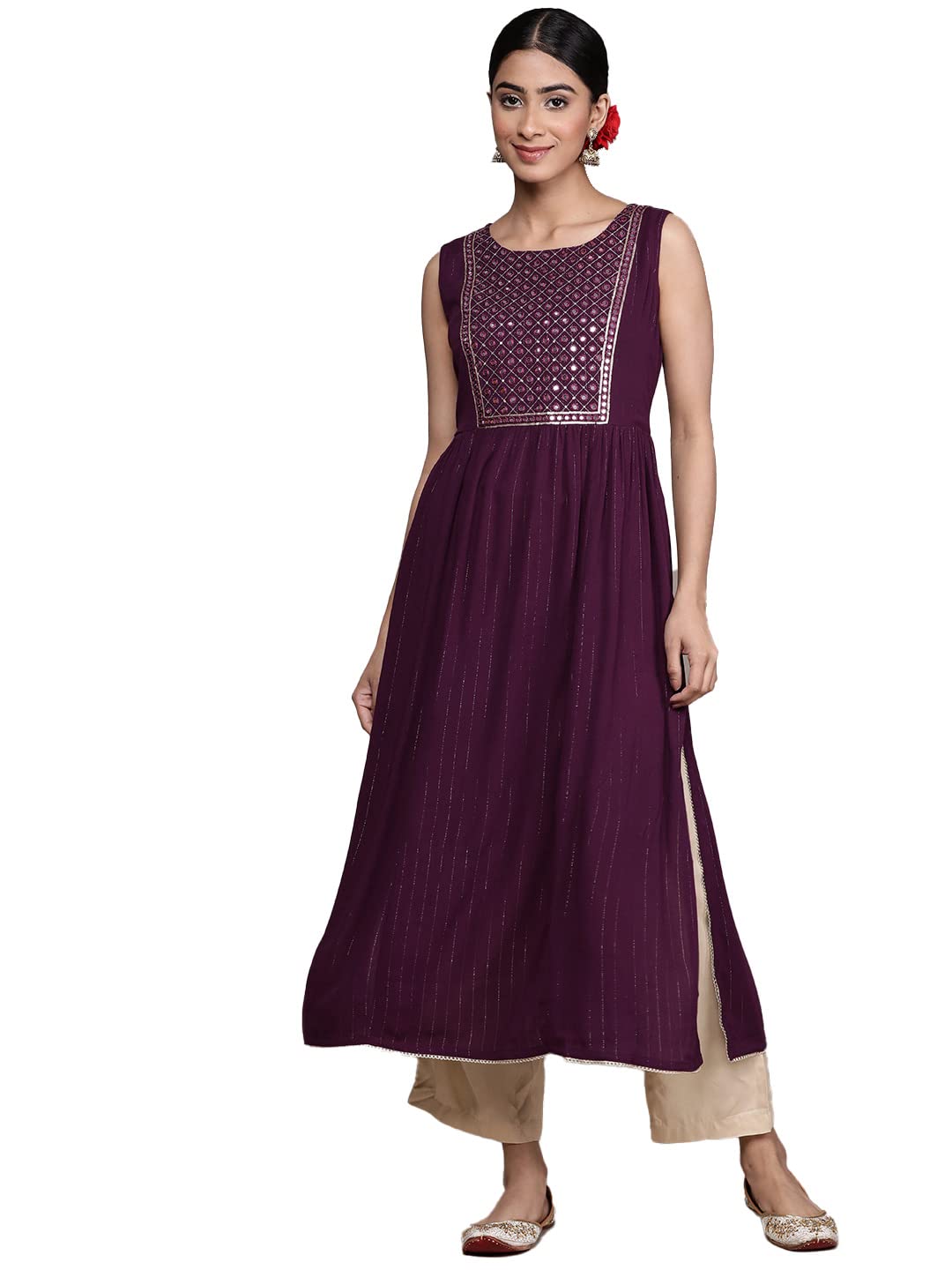 Ishin Women'S Viscose Rayon Embellished Purple Mirror Work A-Line Kurta