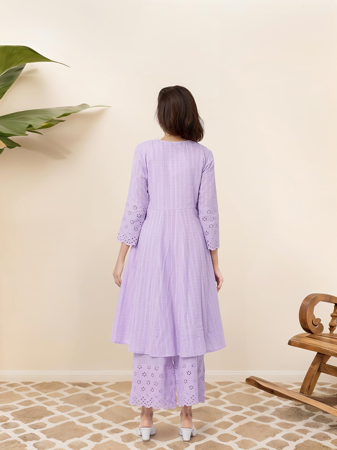 Ishin Cotton Schiffli Lavender Kurta With Solid Pants