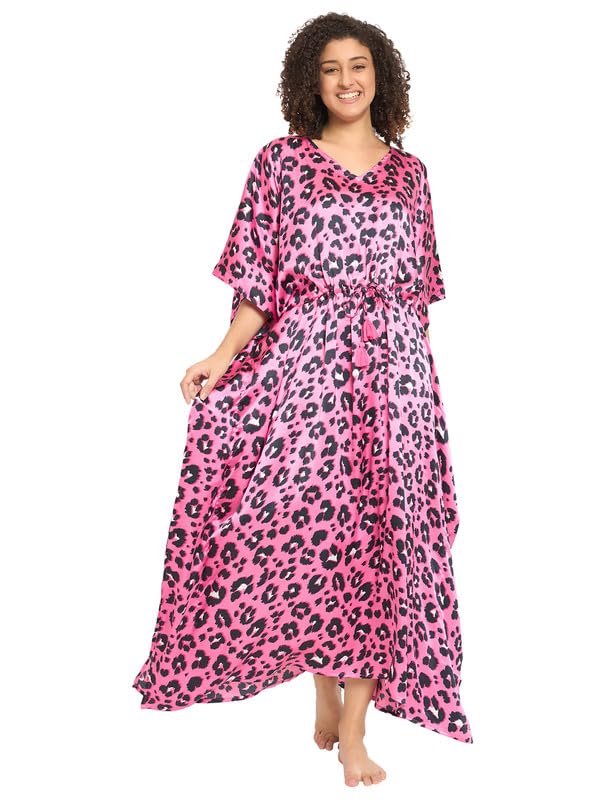 Clovia Women'S Satin Printed Long Kaftan (Ns6530R22_Pink_Xl-Xxl)