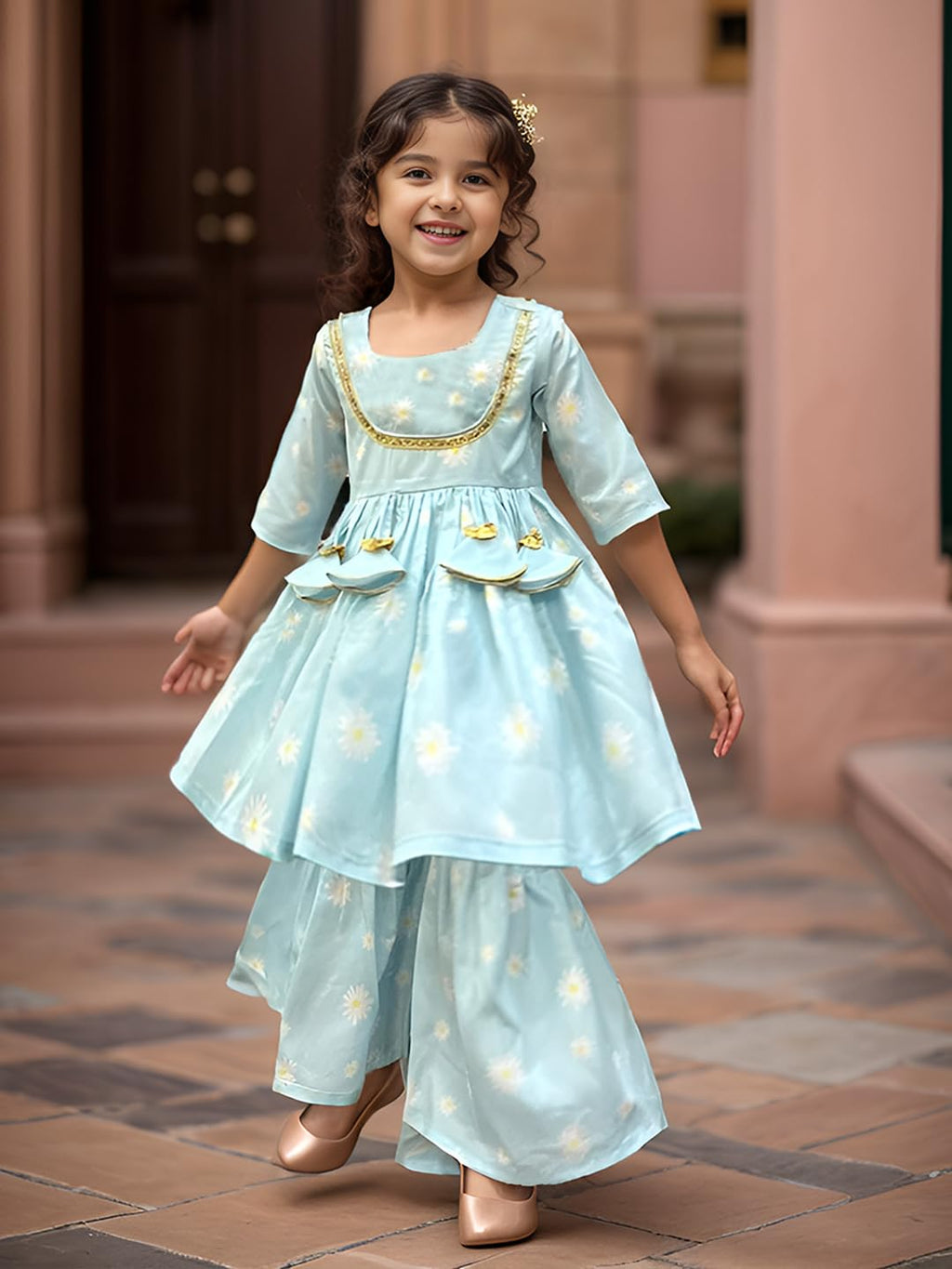 A.T.U.N. (All Things Uber Nice) A.T.U.N. Girls Ethnic Wear Sharara | Blue Printed Kurta With Sharara Set For Girls
