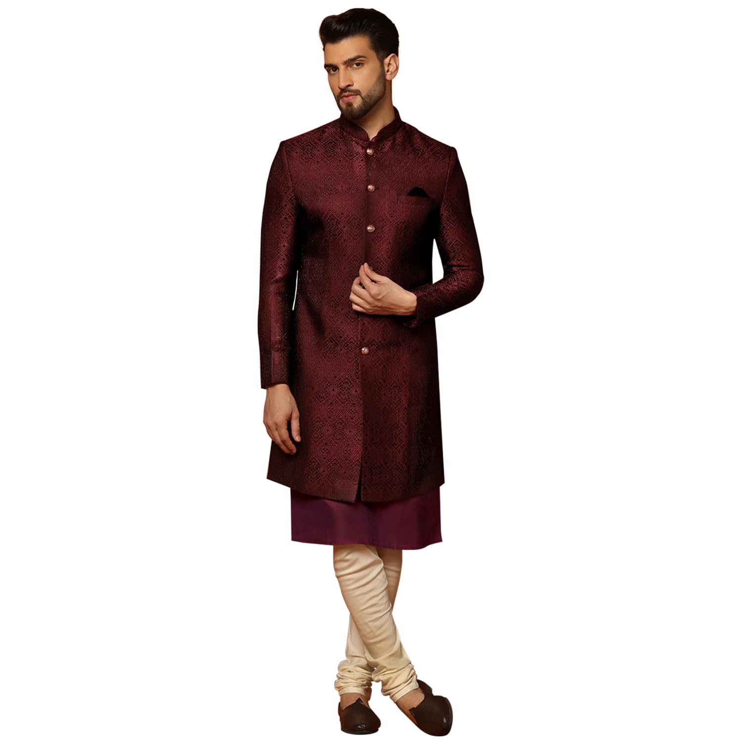 Kisah MenS Maroon Indo-Western Kurta Sherwani Churidar Set Cotton Full Sleaves, Knee Length, Straight, Regular Fit, Mandarin Co
