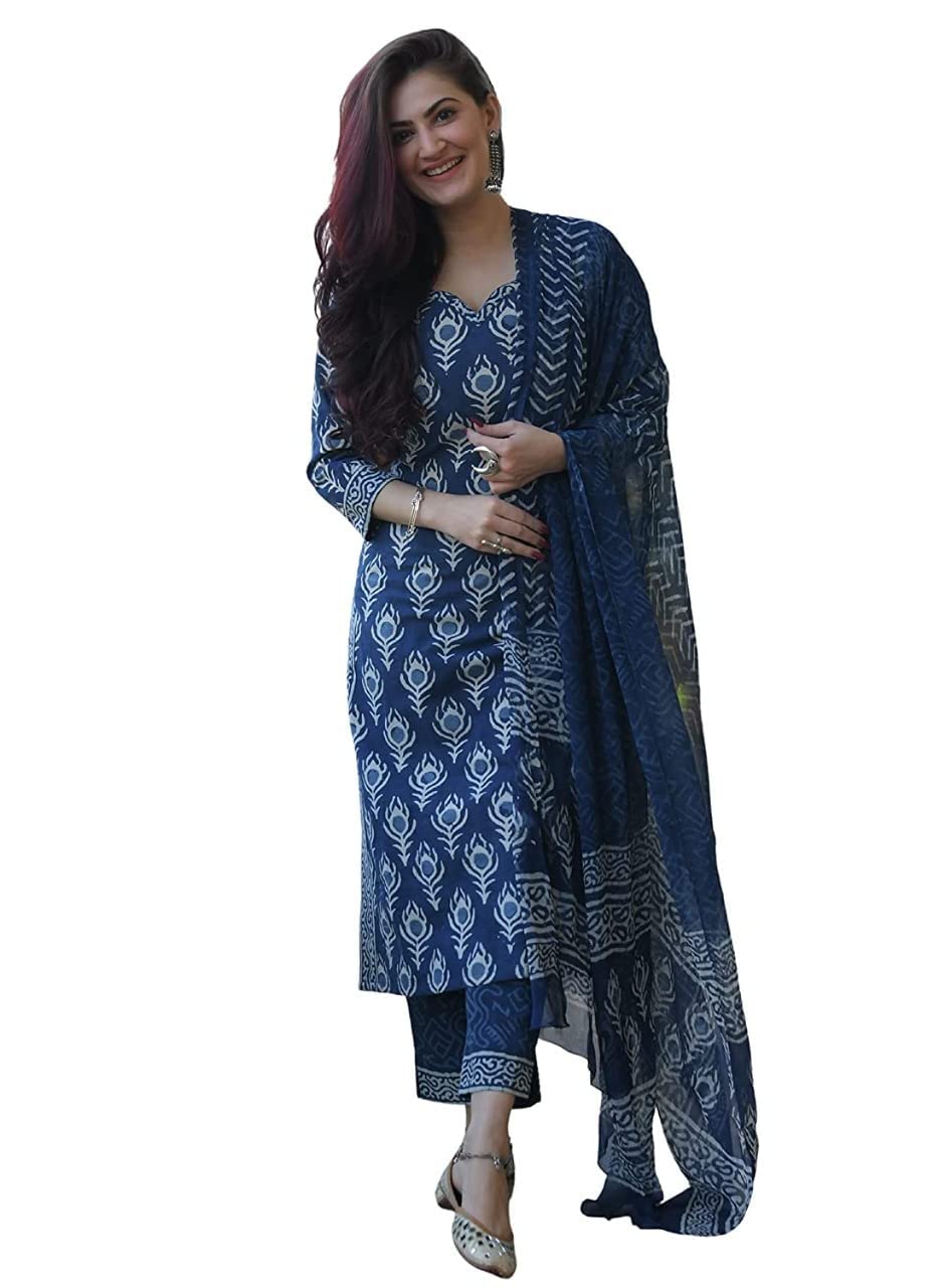 ANNI DESIGNER Womens Rayon Straight Printed Kurta with Pant & Dupatta (Bulgeriya-Blue_XXL_Blue_XX-Large)