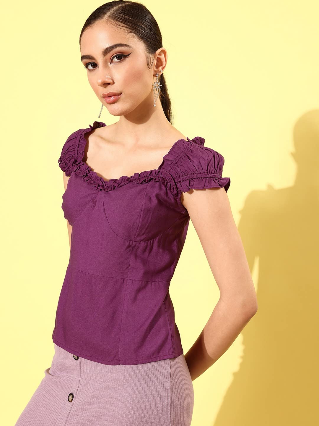Rare Women Casual Purple Colour Sweetheart Neck Solid Regular Top