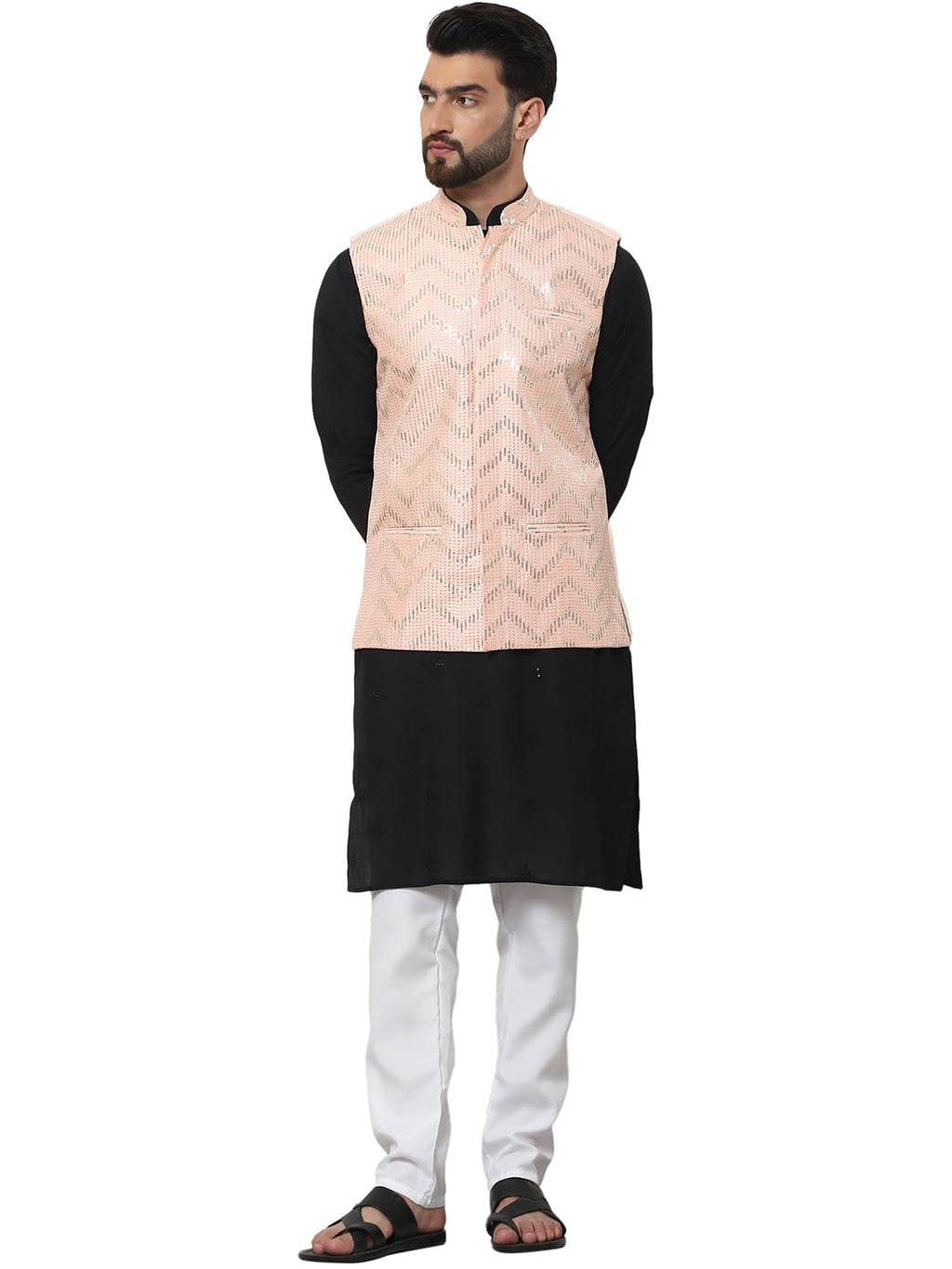 SOJANYA (Since 1958 Mens Cotton Silk Black Kurta and White Pyjama With Sequins Peach Nehru Jacket