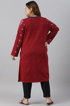W For Woman Deep Red Embroidered Plus Size Winter Kurta