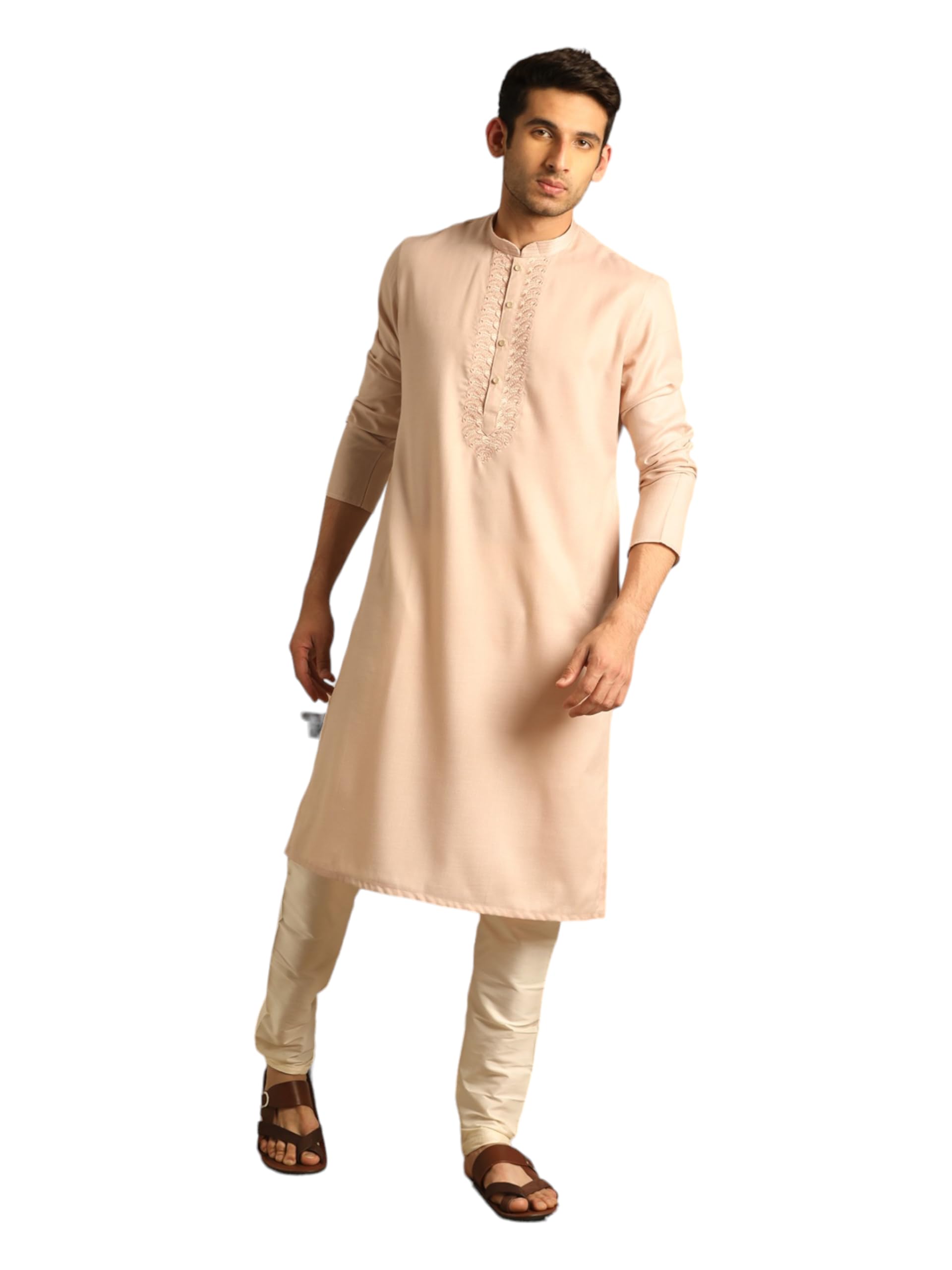 Manyavar Mens Pink Blended Viscose Solid Kurta Pyjama Set