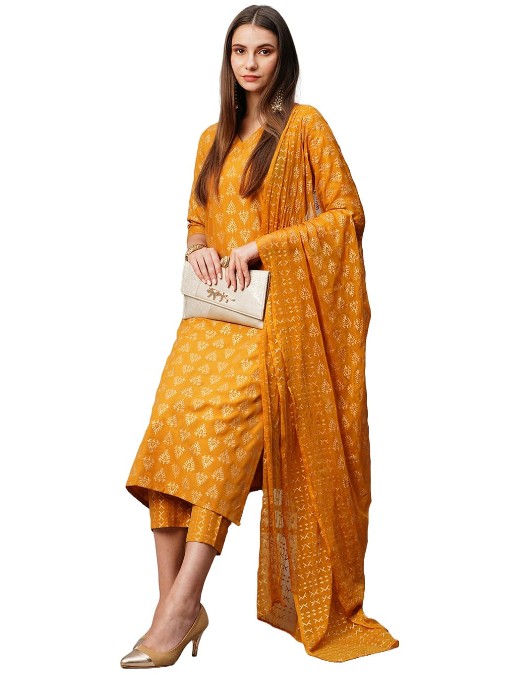 ANNI DESIGNER Womens Cotton Blend Straight Printed Kurta with Pant & Dupatta (Mohmaya Mustard_XXL_Mustard_XX-Large)